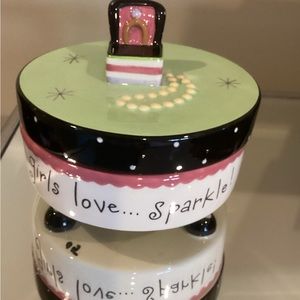 Adorable “Girls love…sparkle!” ceramic container.  Brand new!